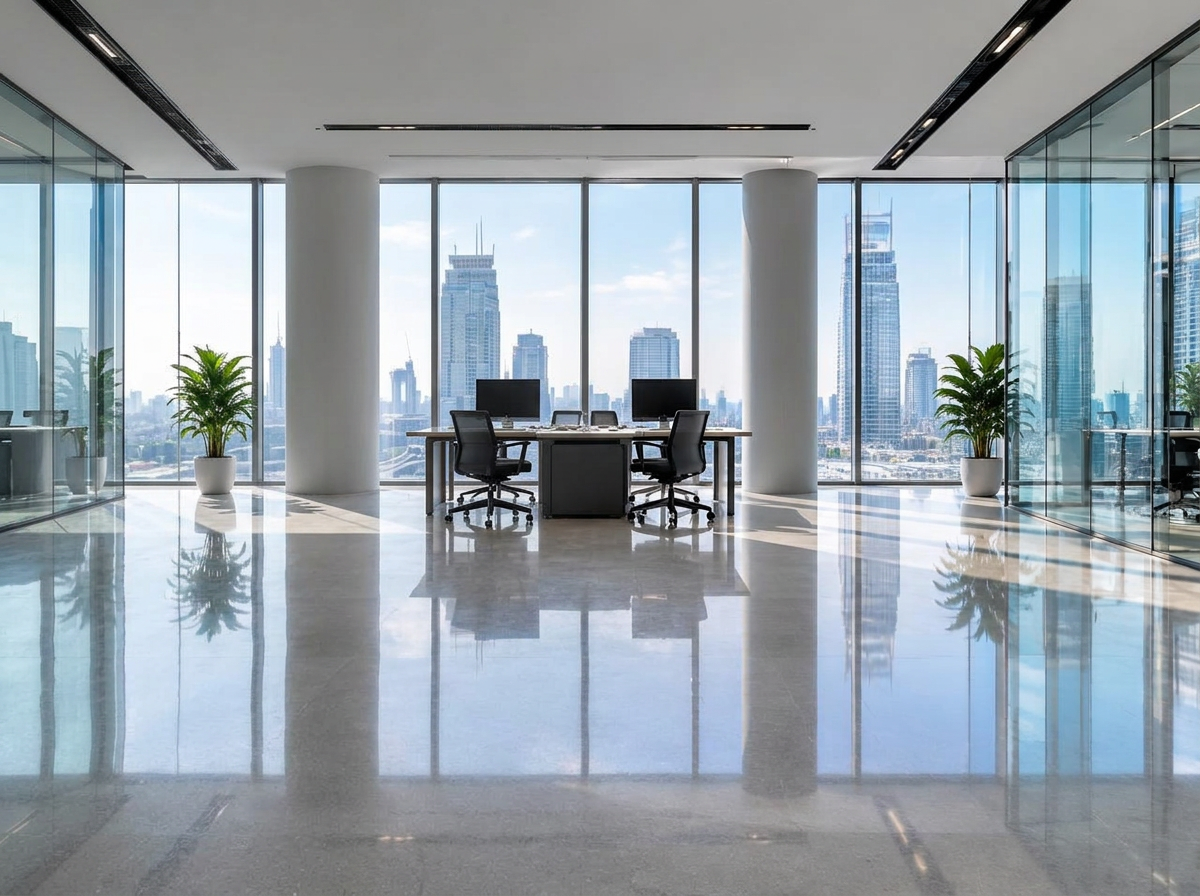 Le même bureau après nettoyage, vitres impeccables et sol brillant